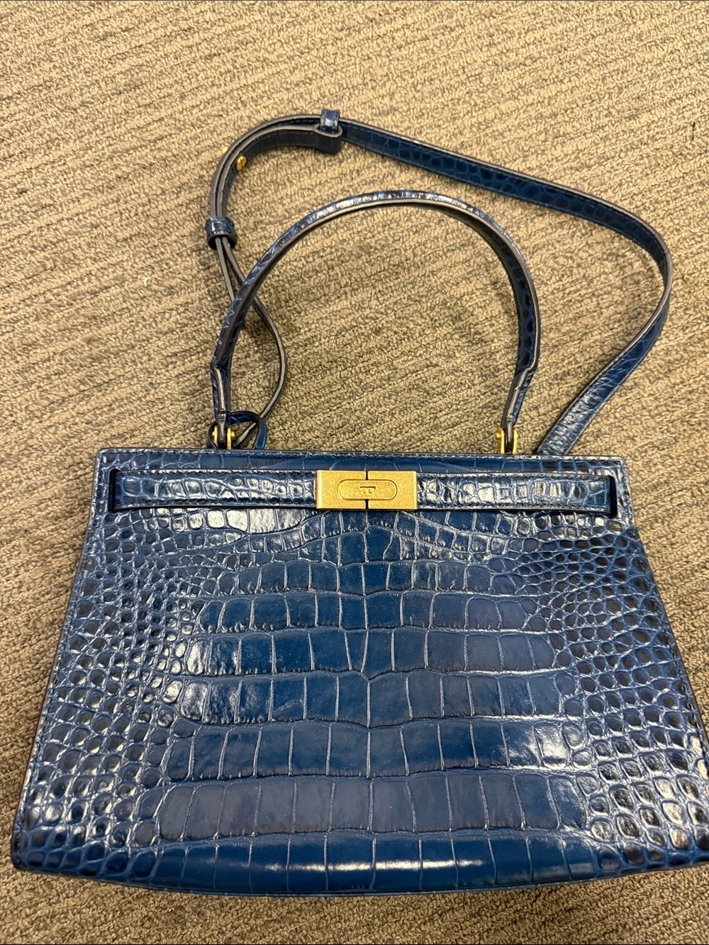 Tory Burch Navy Croc-Embossed Shoulder Bag with Gold Hardware